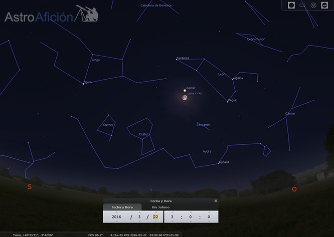 Conjunción Luna-Júpiter y su posición en el cielo.