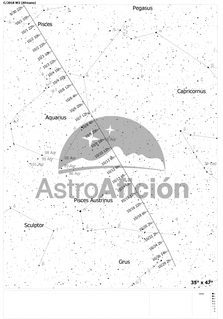 Carta de localización del Cometa C/2018 W2 (Africano) en octubre de 2019