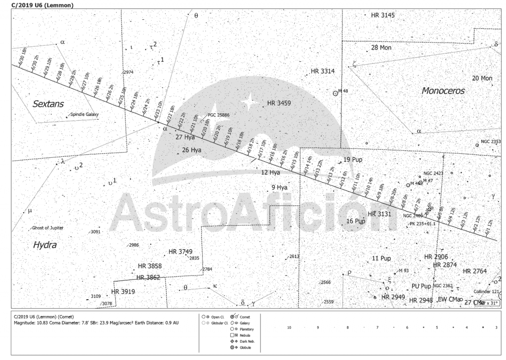 Carta de localización del cometa C/2019 U6 (LEMMON) en junio de 2020