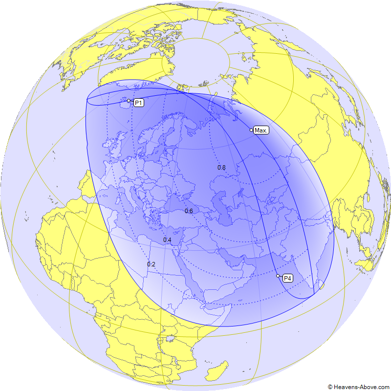Mapa con las zonas de visibilidad del eclipse parcial