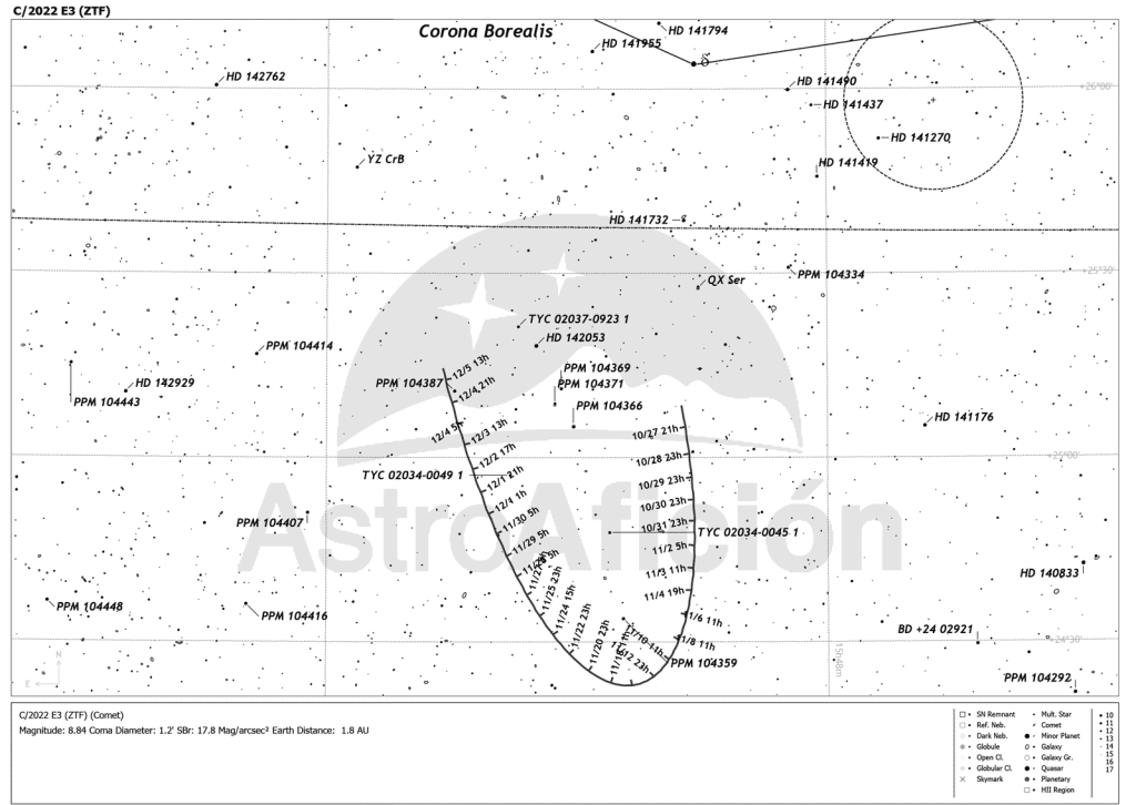 Carta de localización del cometa C/2022 E3 (ZTF) en octubre de 2022