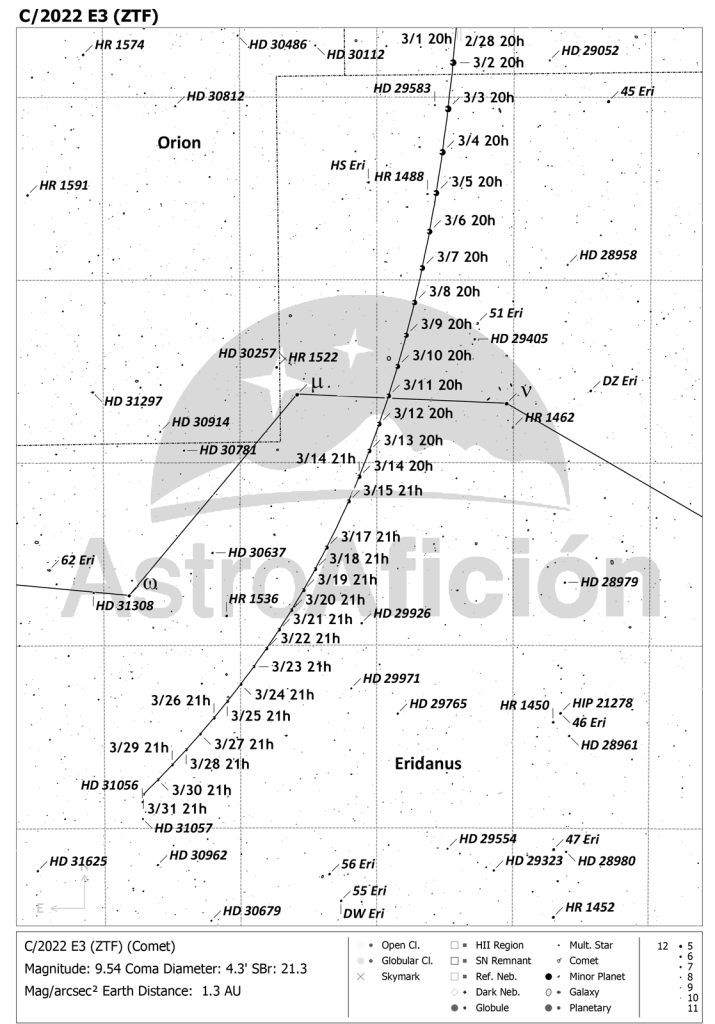 Carta de localización del Cometa C/2022 E3(ZTF) en marzo de 2023.