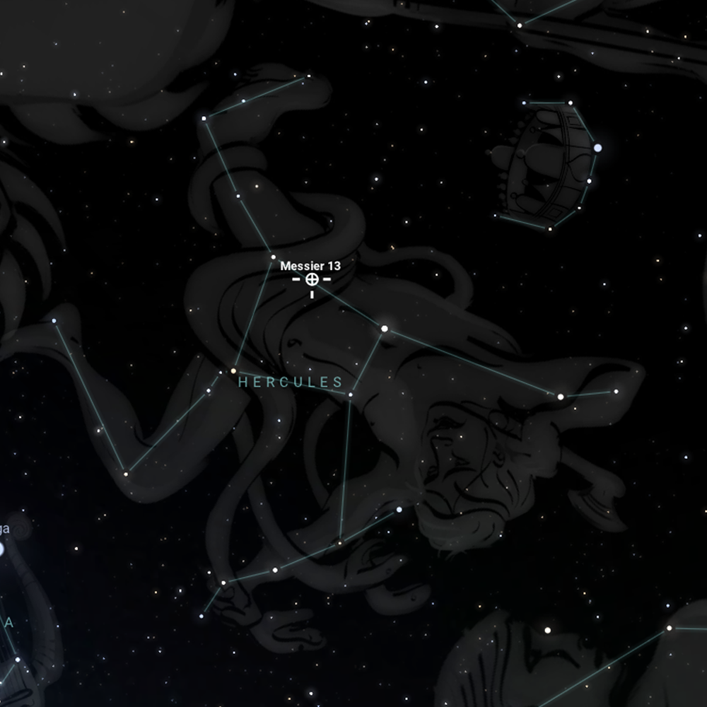 Ubicación del cúmulo de Hércules en la constelación. Stellarium.