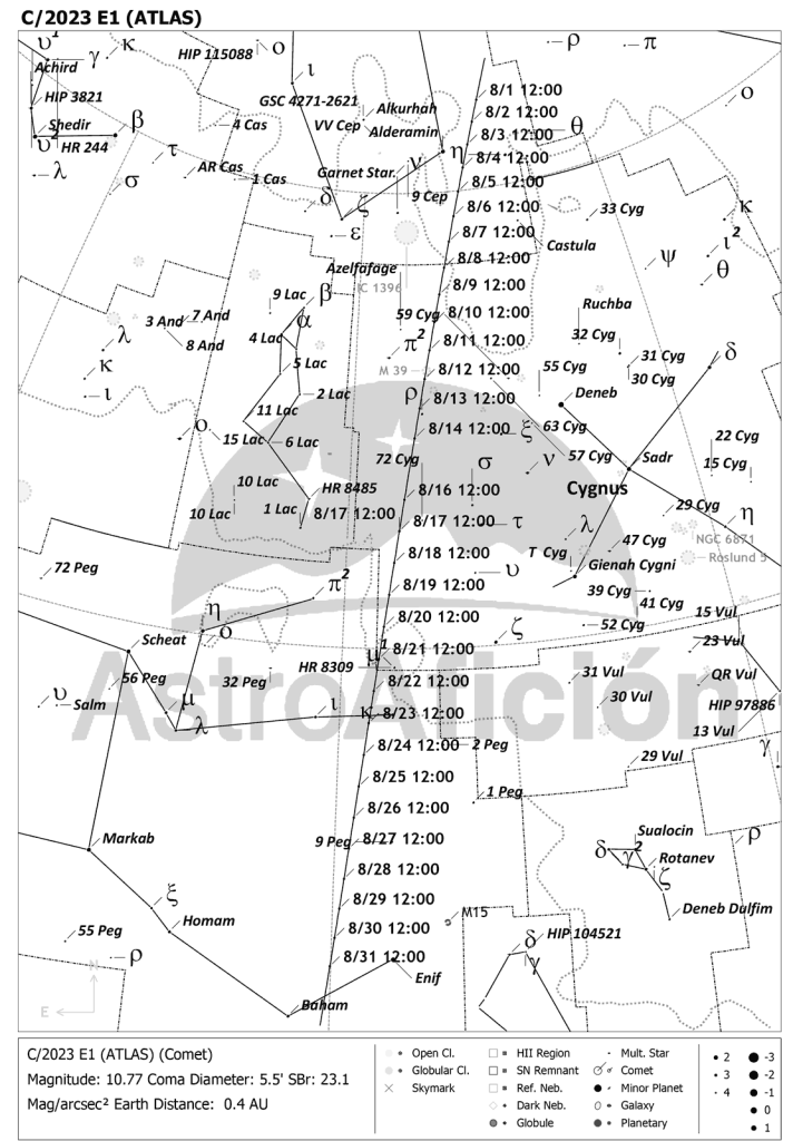 Carta de localización del Cometa C/2023 E1 (ATLAS) en agosto de 2023