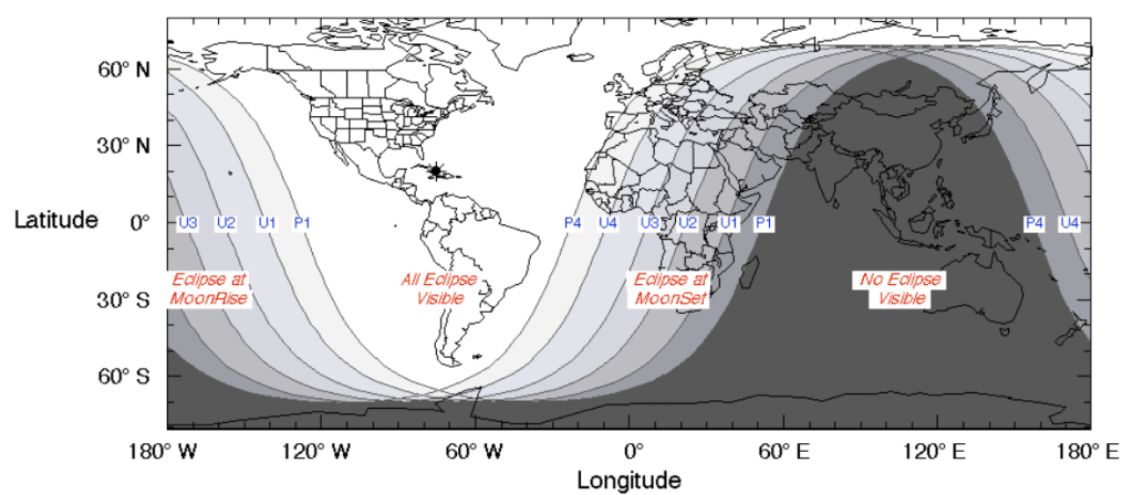 Mapa de visibilidad del eclipse lunar del 21 de enero de 2019