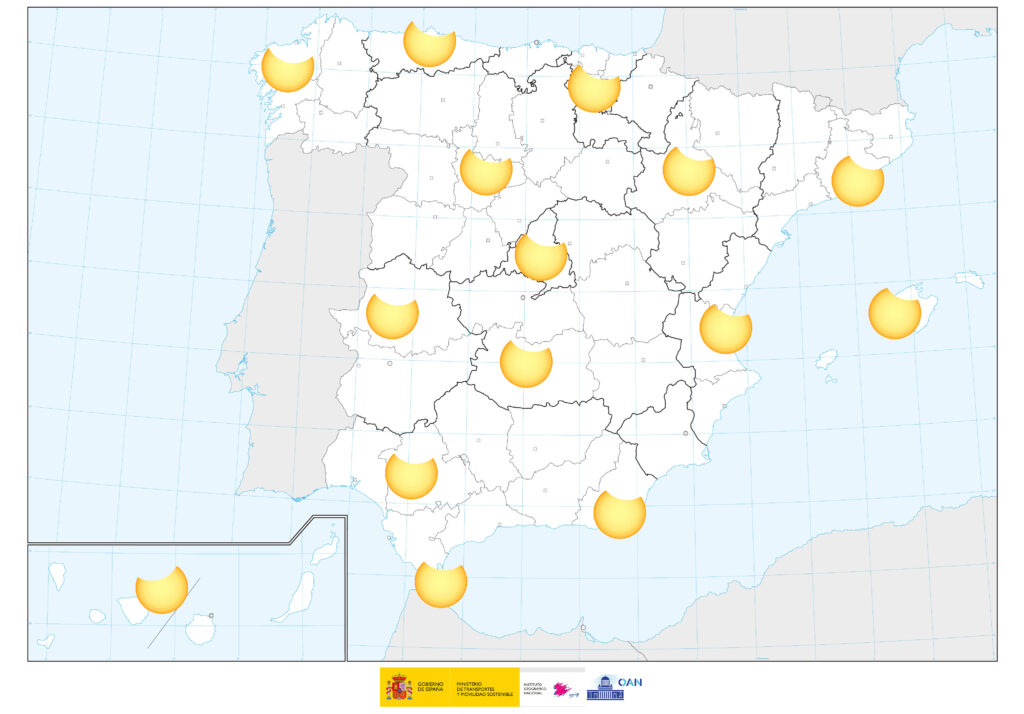 Representación del porcentaje de oscurecimiento en el eclipse solar del 29 de marzo de 2025. Fuente: IGN