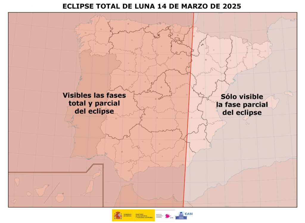 Zona de visibilidad del eclipse lunar del 14 de marzo de 2025. Fuente: IGN.